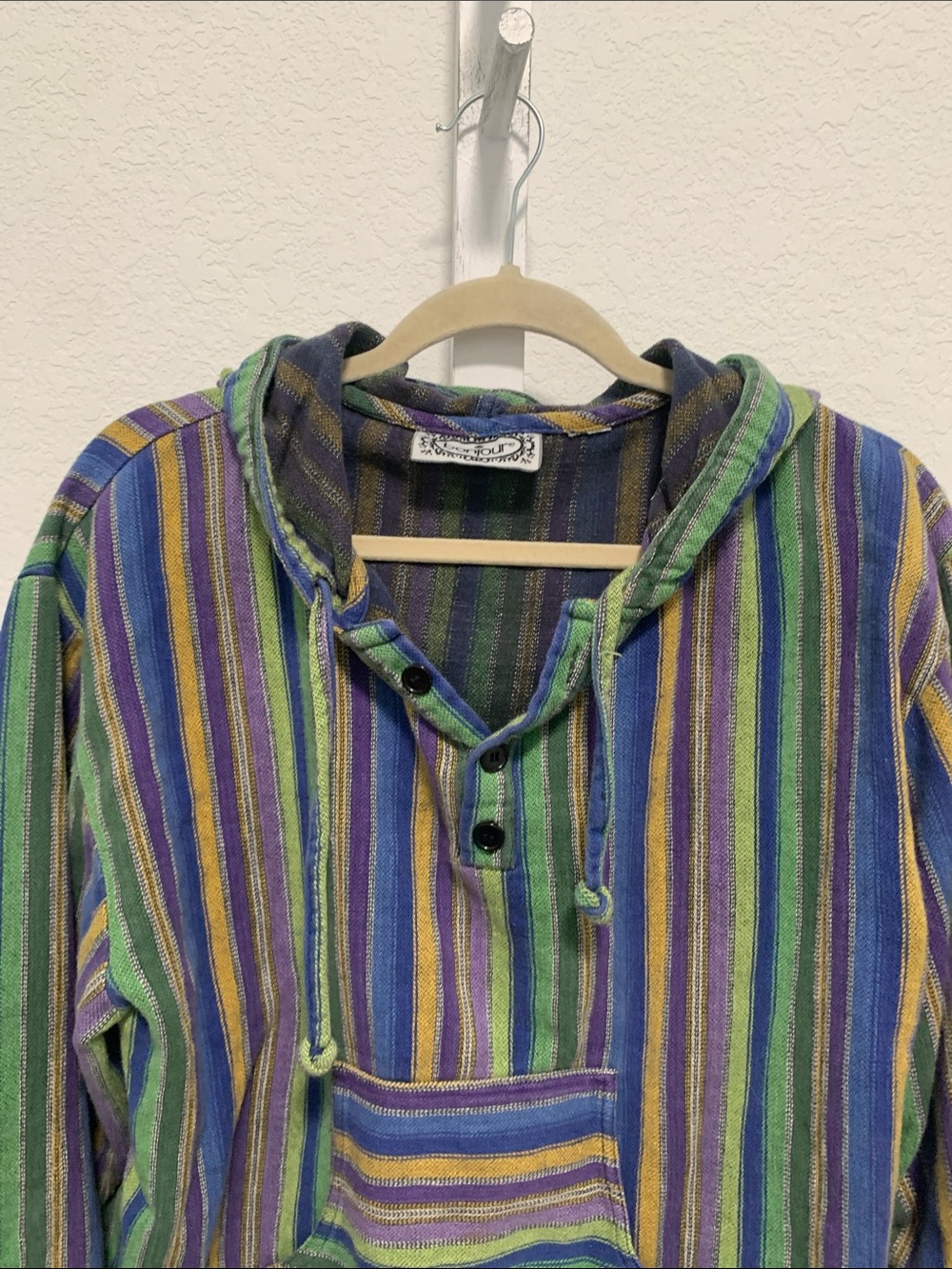 Vintage Bonjour Striped Hooded Pullover Sweatshirt Top - Green & Blue - Picture 3 of 7